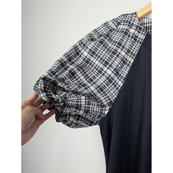 COS Dress Womens Medium Navy Blue Plaid Puff Sleeve Midi - Picture 6 of 12